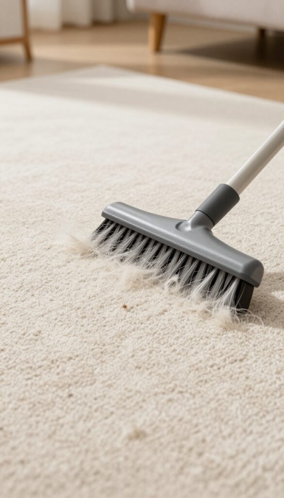 Carpet rake fluffing carpet fibers in a sunlit living room