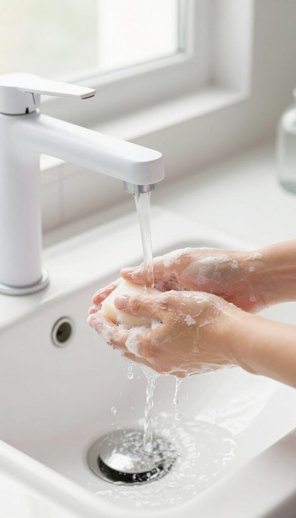 Hands being washed with soap and water in a bright, clean bathroom sink