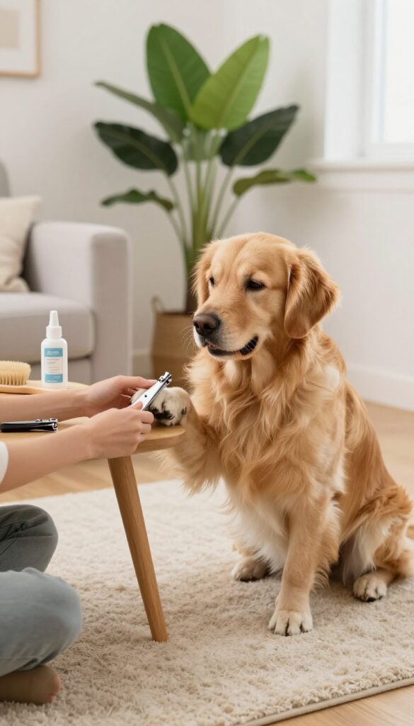 Person gently trimming a golden retriever's nails in a bright living room with grooming tools on a table