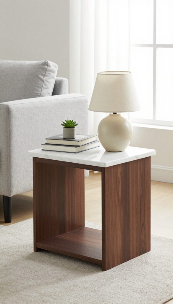 Dog crate end table with white marble top in a bright living room, decorated with lamp, books, and succulent.
