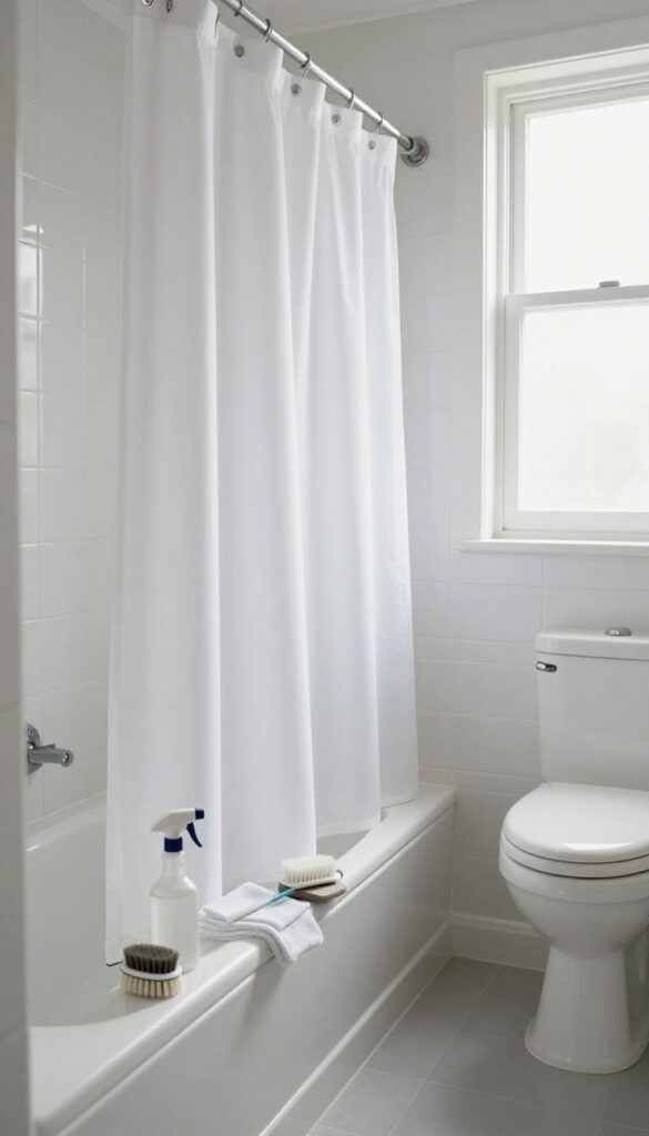 Bright bathroom with clean tub, shower curtain, and cleaning caddy, ready for a monthly deep clean blitz.
