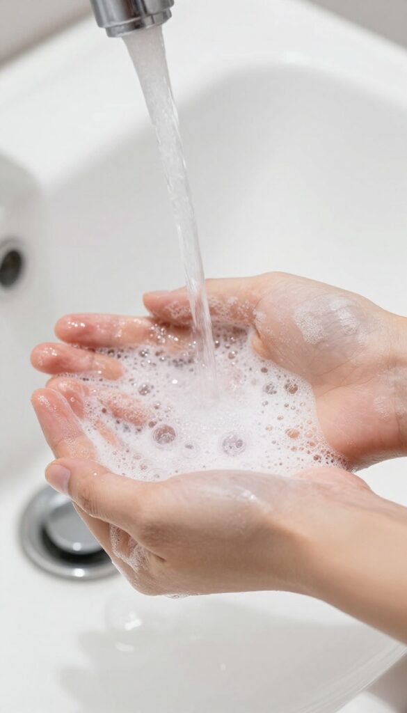 Hands lathering with a dime-sized amount of soap under running water