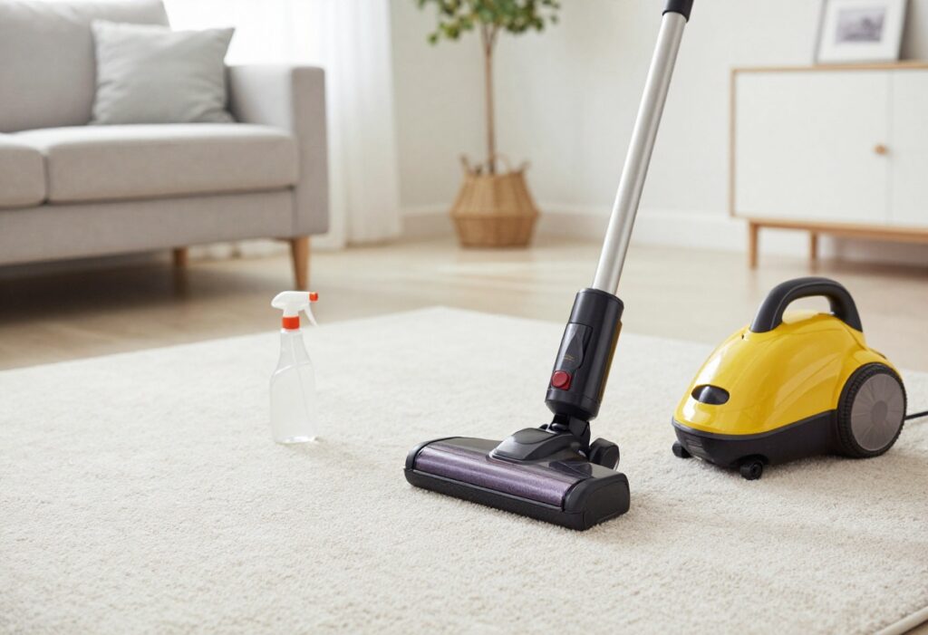 Clean soft carpet with vacuum and cleaning spray bottle