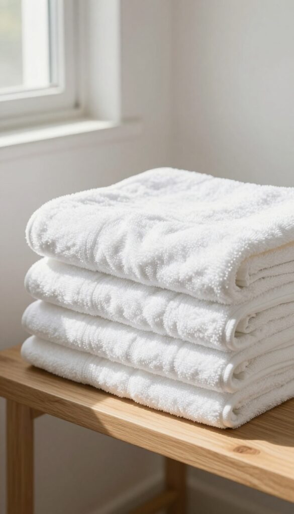 Stack of fluffy white towels on a wooden shelf in a bright laundry room
