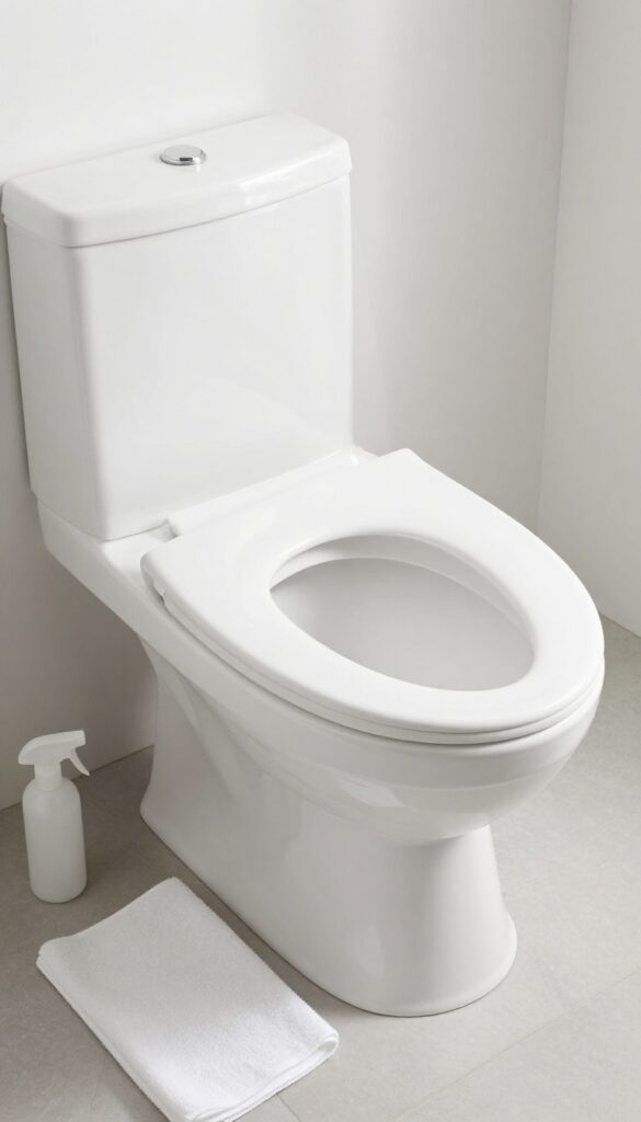 A clean toilet bowl and exterior in a bright bathroom, with cleaning tools nearby.