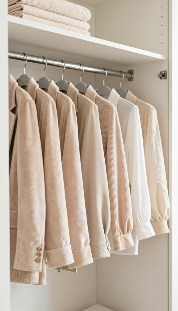 A row of uniform slim velvet hangers in a bright, organized closet, showcasing a clean and cohesive wardrobe display.