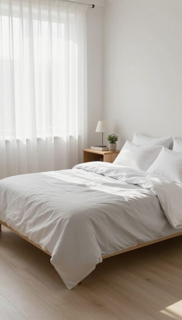 Minimalist clean bedroom with made bed and uncluttered nightstand