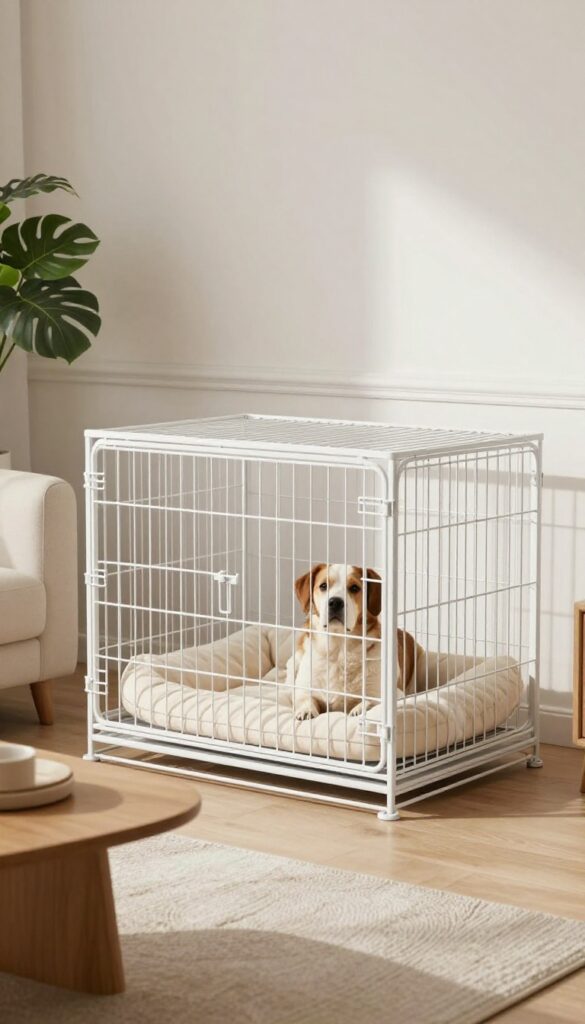 Painted dog crate matching white trim in a bright living room