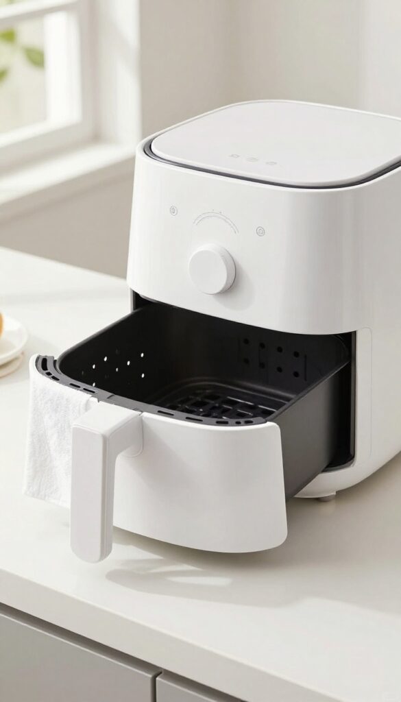 Air fryer basket stored slightly open to allow air circulation, preventing moisture and mold.