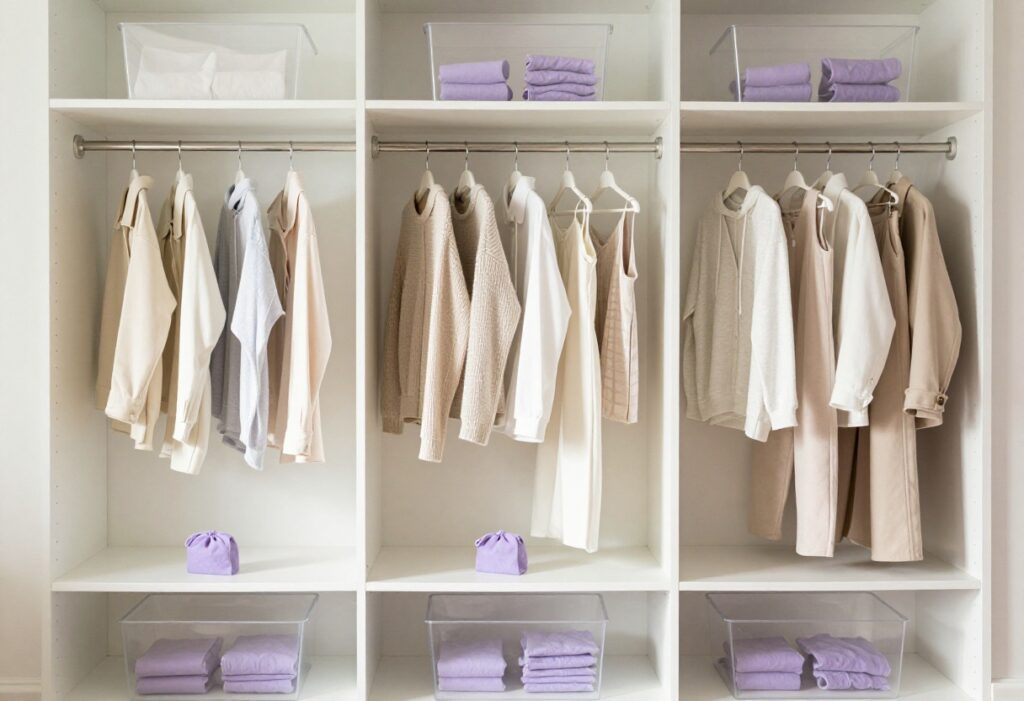 Organized closet with hanging clothes, clear bins, and lavender sachet