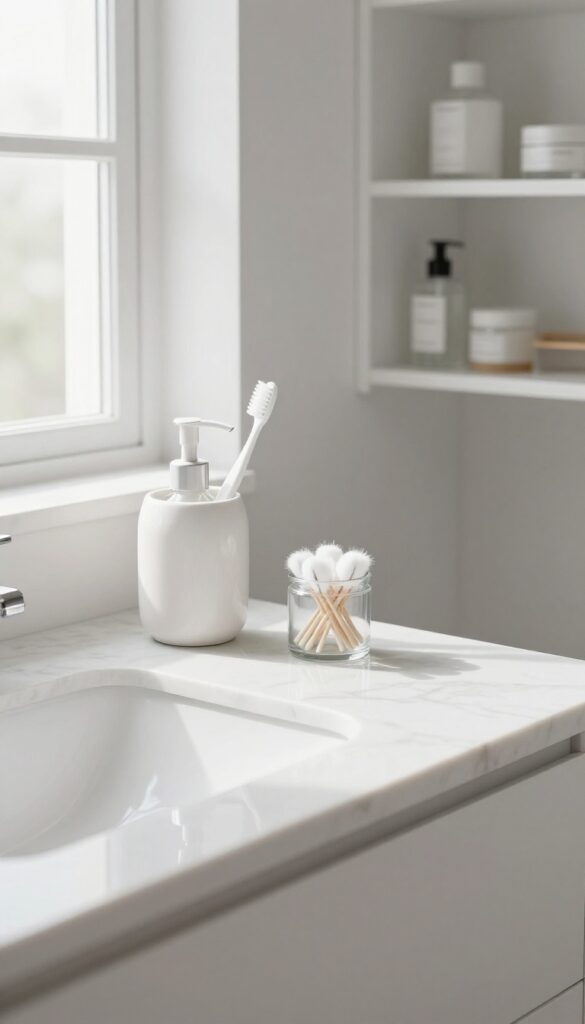 Minimalist bathroom counter with only daily essentials like toothbrush and hand soap, clean and clutter-free.