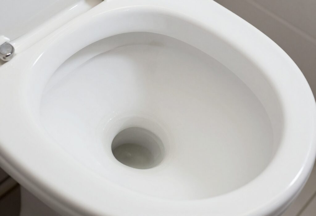 Close-up of a toilet bowl with a hard water ring stain