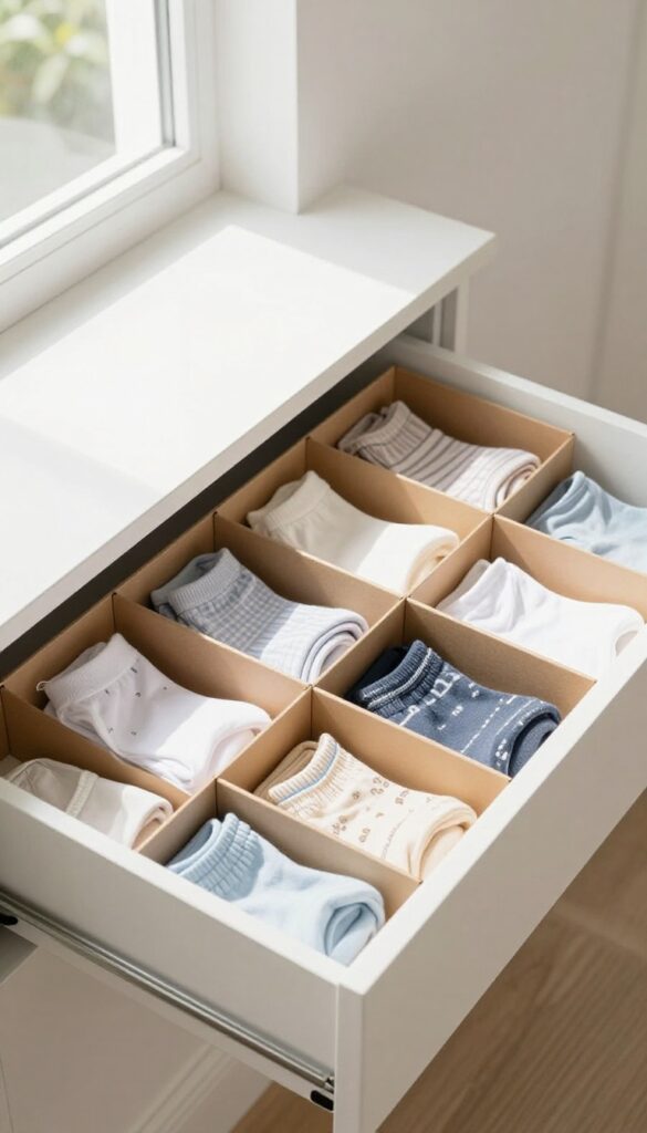 Organized drawer with shoebox dividers separating socks and underwear