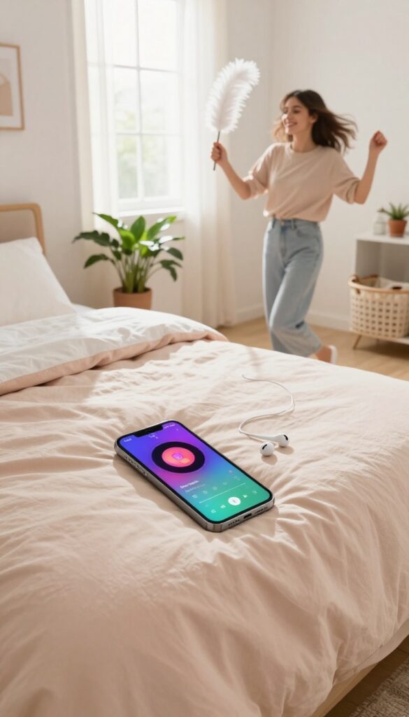 A woman dancing with a feather duster in a sunlit bedroom, with a smartphone showing a music playlist on the bed.