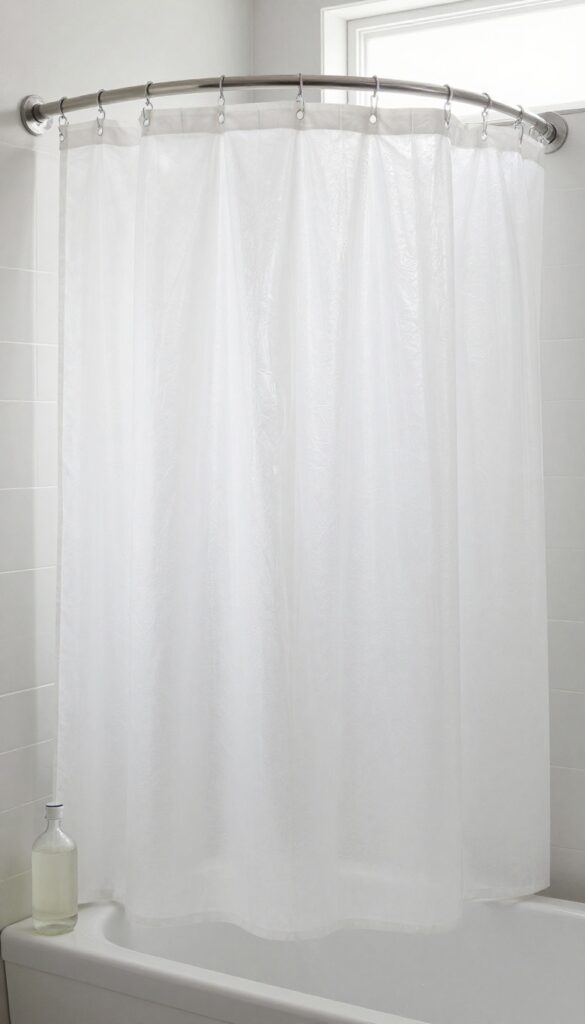 Freshly washed white fabric shower curtain and clear plastic liner hanging on a curved rod in a bright, clean bathroom with natural light and a bottle of white vinegar on the tub edge.