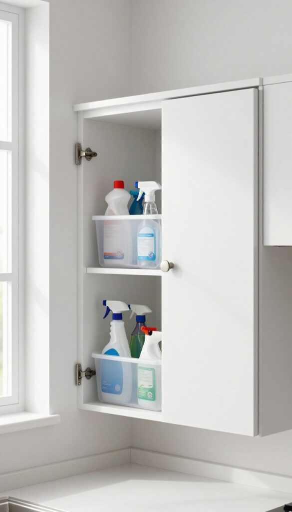Lockable cabinet for toxic cleaners with organized cleaning products inside
