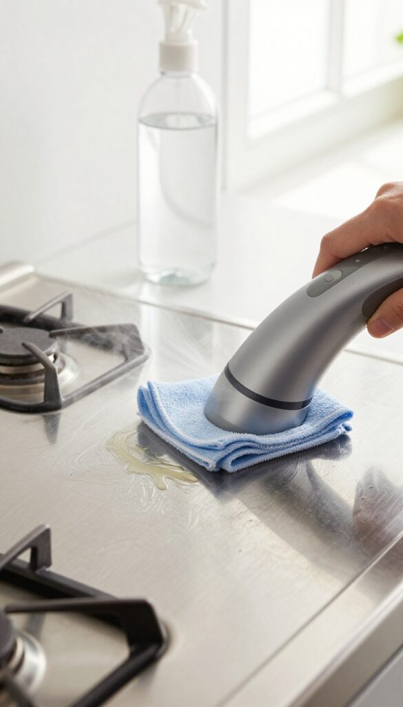 Steam cleaning a stainless steel stovetop with a handheld steamer and soft cloth, leaving a streak-free shine.