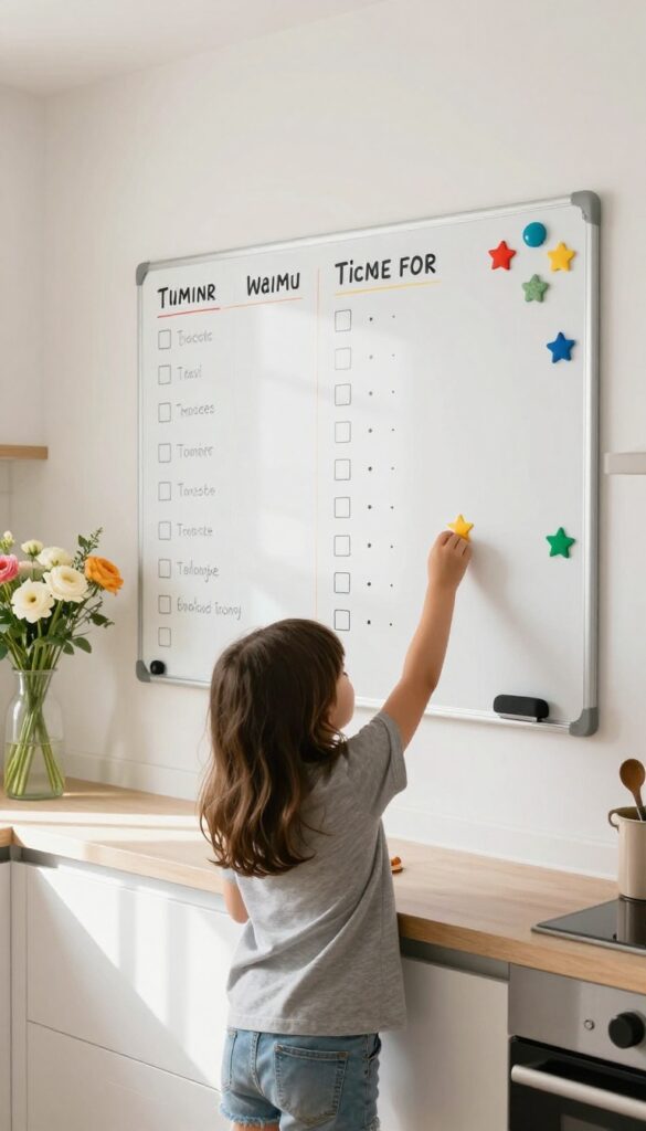 Family chore chart on a whiteboard in a bright kitchen with magnets and stickers tracking daily and weekly tasks for each family member.