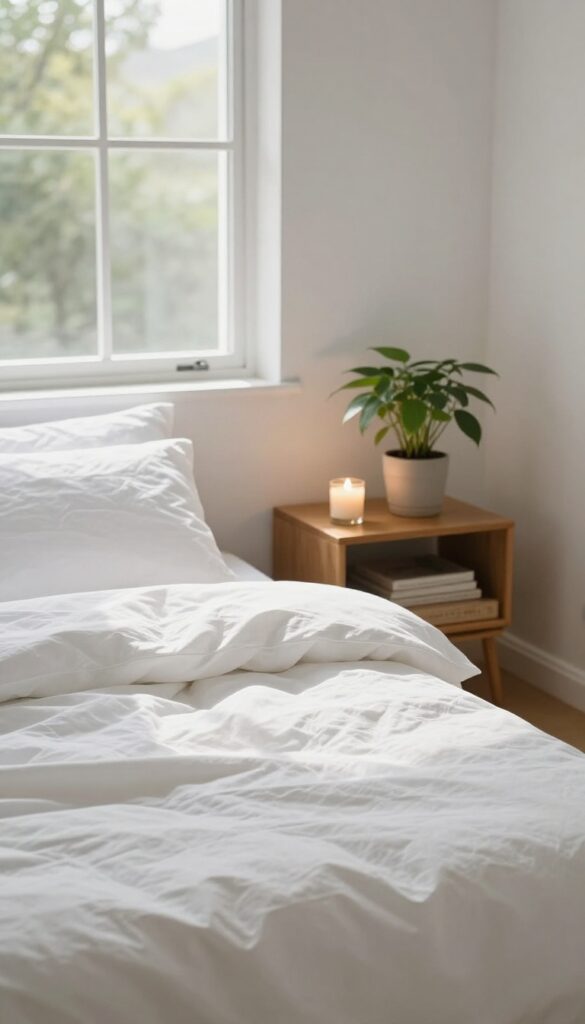 A clean, peaceful bedroom with a candle and natural light, celebrating a freshly organized space.