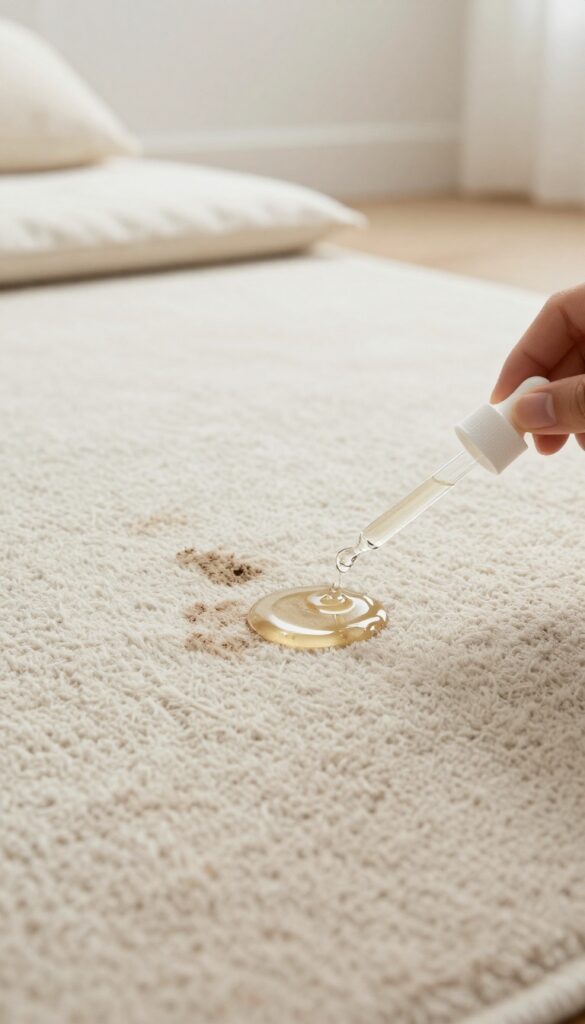 Applying glycerin to a set-in stain on a wool rug to soften and lift the mark