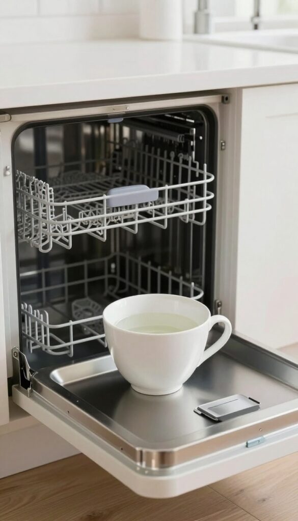 Open dishwasher with a cup of white vinegar on the top rack, ready for a cleaning cycle.