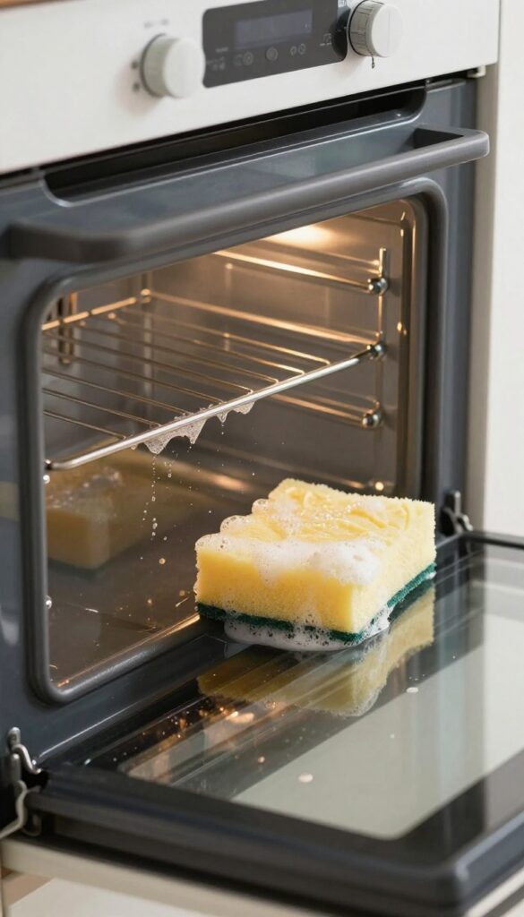 Cleaning an oven with a sponge and Castile soap solution