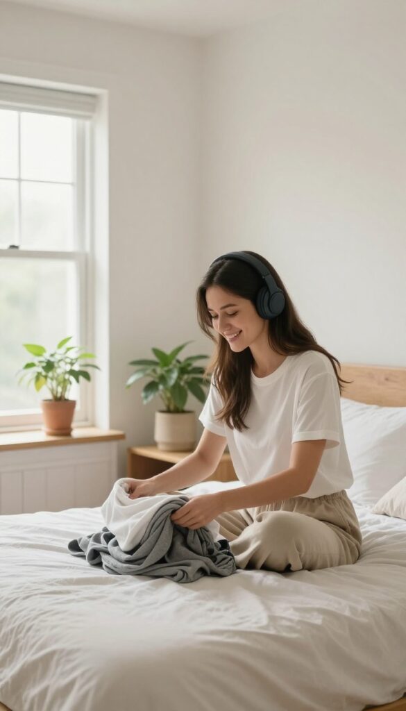 Woman listening to podcast while cleaning her room
