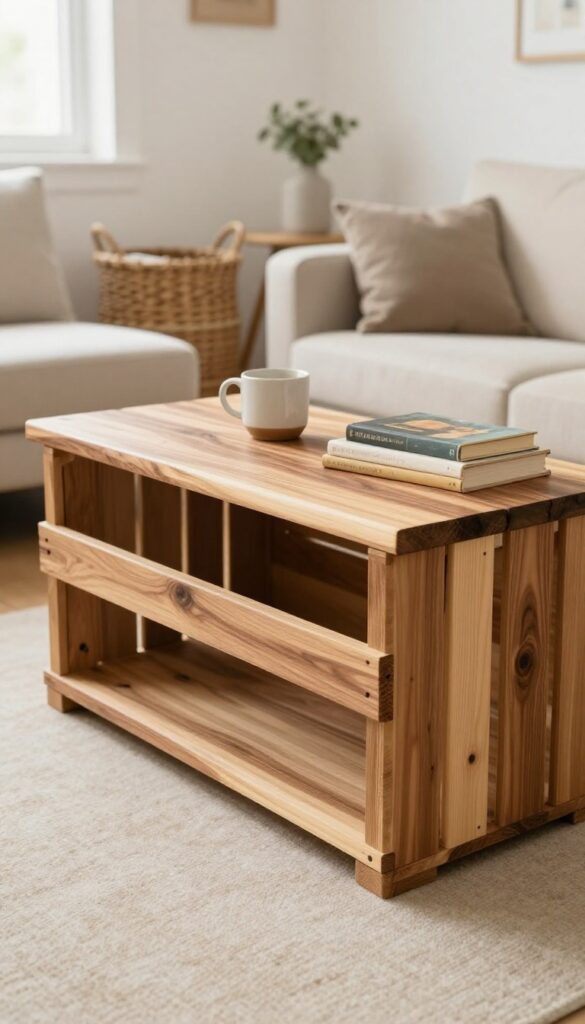 Rustic wood crate dog kennel with live-edge top in bright living room