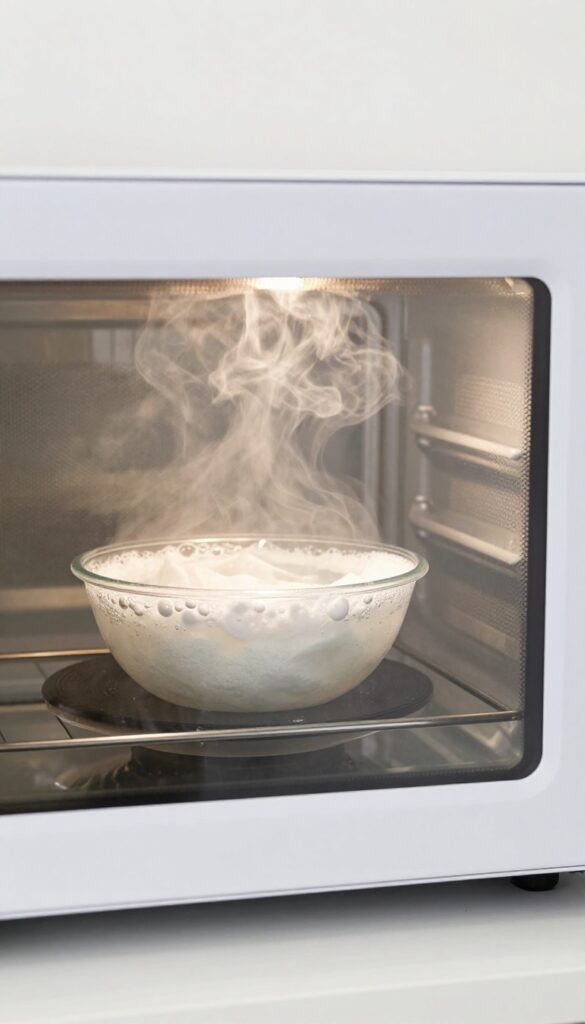 Microwave interior with steaming bowl of water and baking soda, fogged glass door, bright natural light, photorealistic.