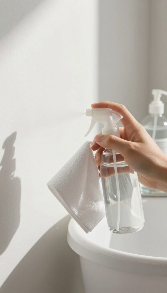Hand spraying vinegar and water solution onto a microfiber cloth for cleaning a white wall.