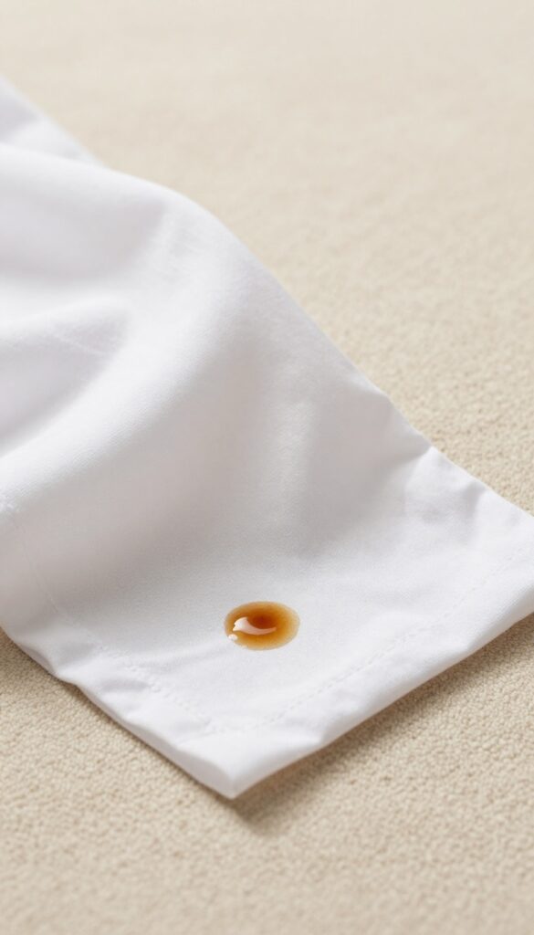 Blotting a fresh coffee spill on a beige carpet with a white cloth in bright natural light