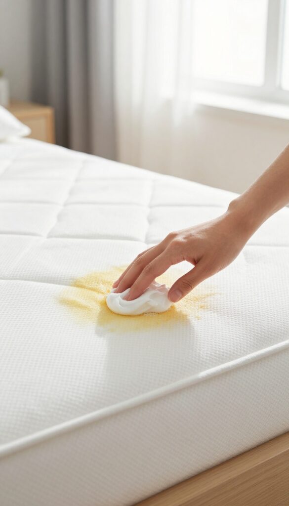 Hand applying hydrogen peroxide paste to a sweat stain on a mattress