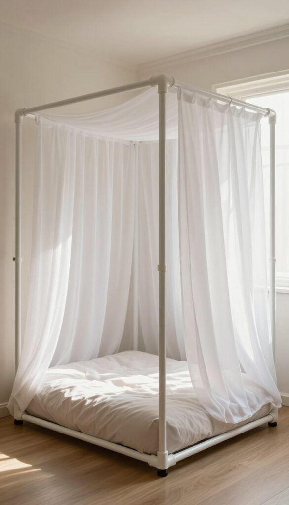 DIY PVC frame canopy bed for dogs with sheer fabric draped over a white frame, placed in a bright living room corner