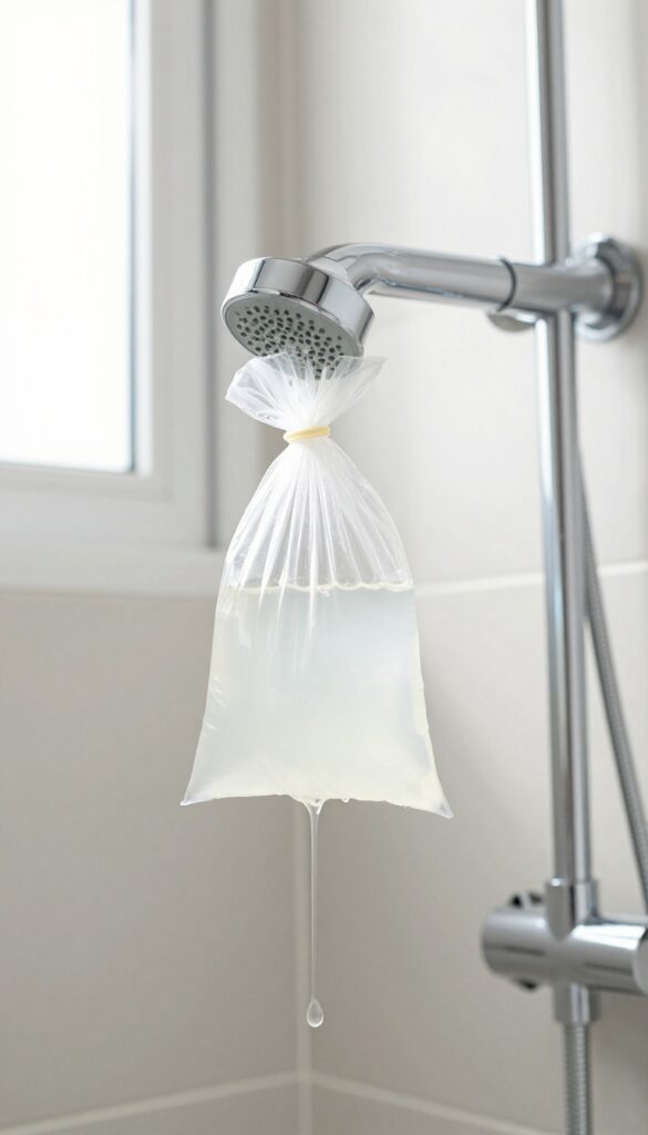 Shower head submerged in a vinegar-filled plastic bag for cleaning, with natural light and clean bathroom background