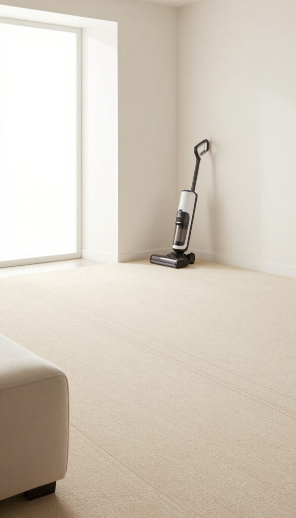 Vacuum cleaner at corner of room with straight overlapping tracks on clean carpet