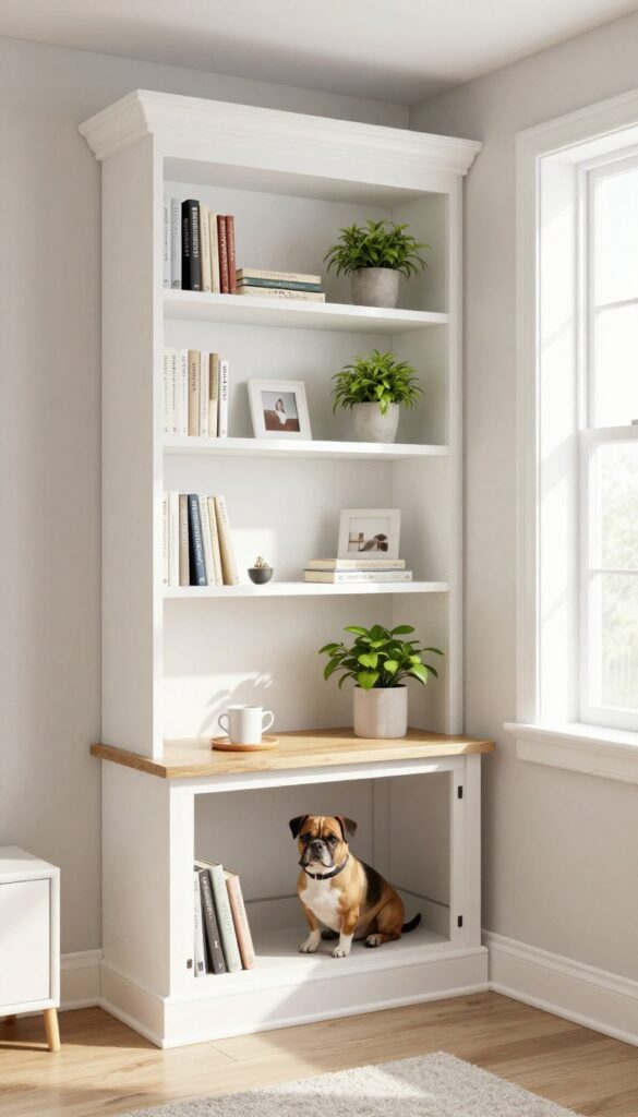 Built-in bookshelf with dog crate end table in living room