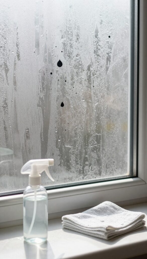 Hydrogen peroxide spray bottle and microfiber cloth on windowsill next to glass with hard water stains