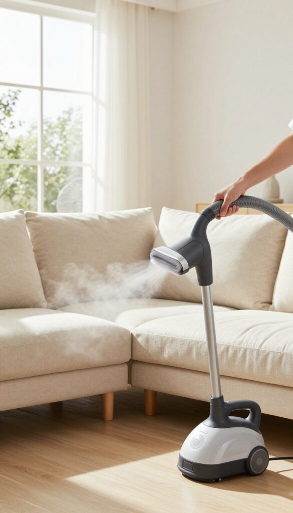 Steam cleaning a beige couch with a handheld steamer in a bright living room