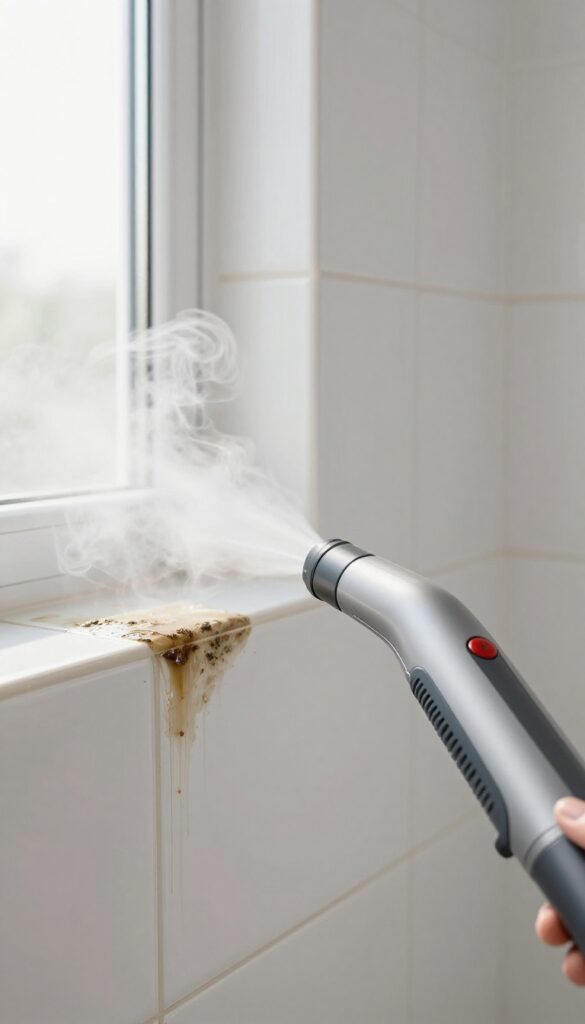 Handheld steam cleaner cleaning mold from shower grout in a bright bathroom