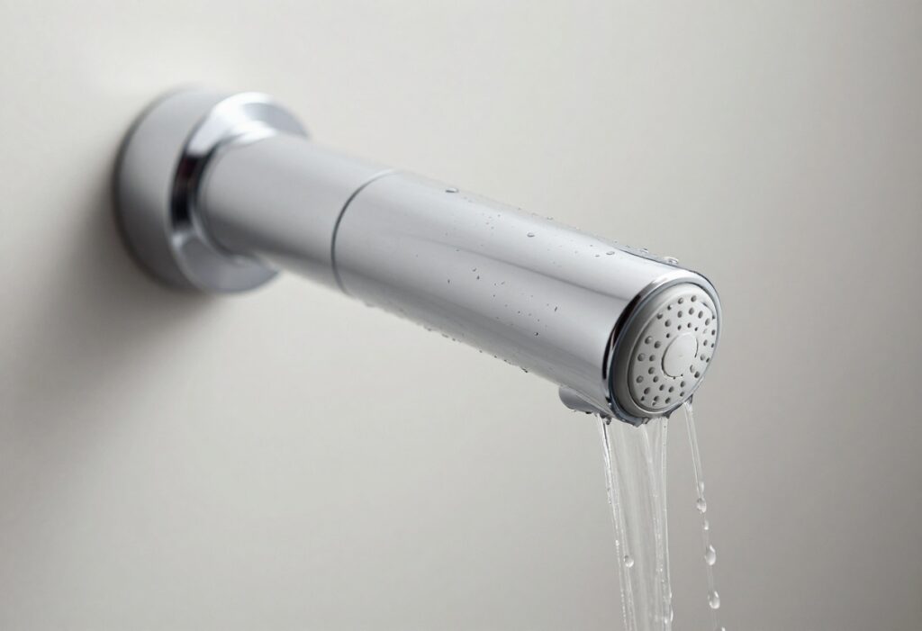 Close-up of a clean chrome shower head with water droplets