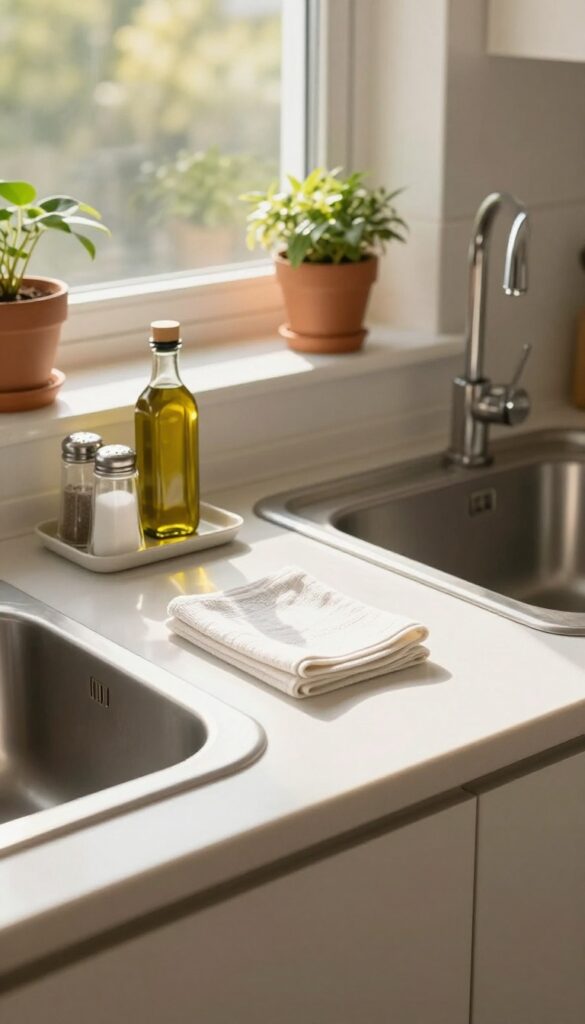 Clean kitchen counter and shiny sink with natural light