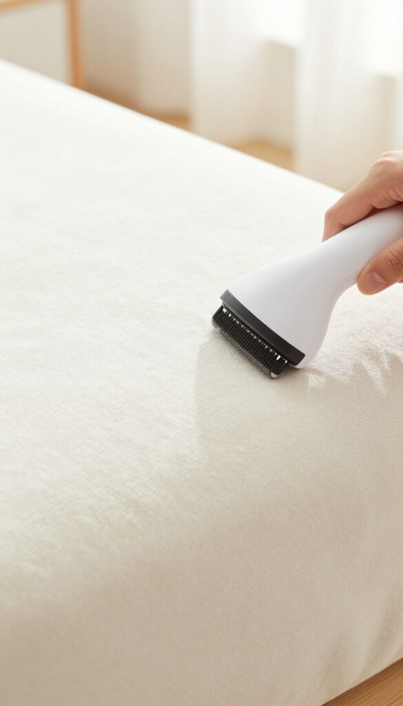Handheld fabric shaver removing pills from a microfiber couch