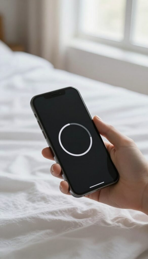 Person holding a phone with a visual timer app, cleaning a sunlit bedroom