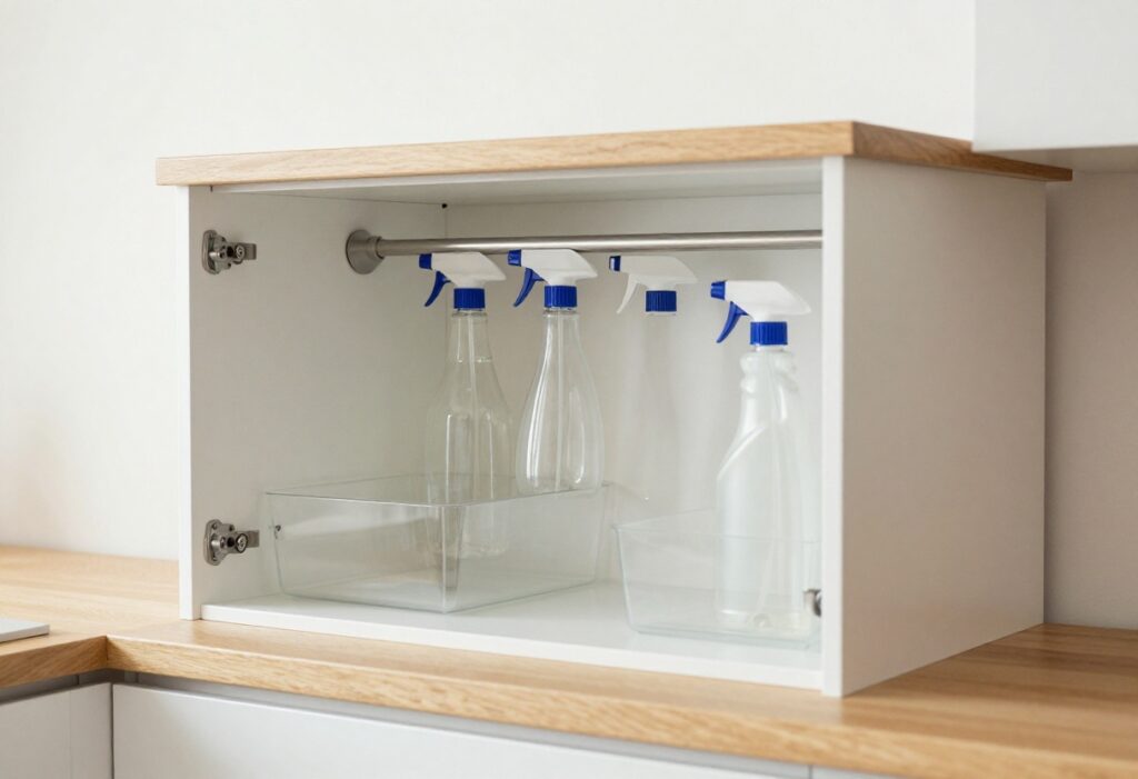 Organized cleaning cabinet under sink with bins and spray bottles on tension rod