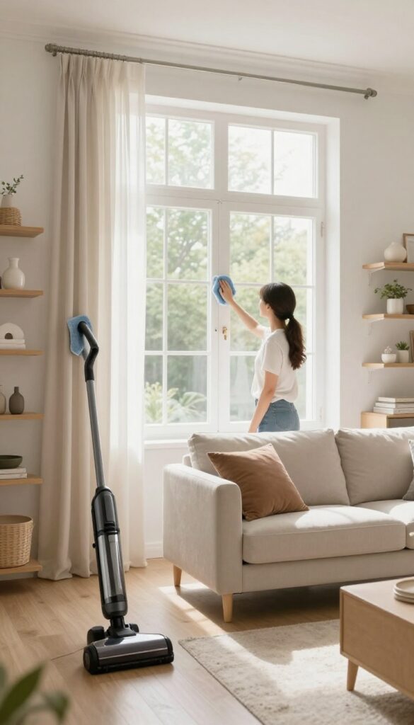 Person cleaning baseboards in a sunlit living room during a seasonal deep clean