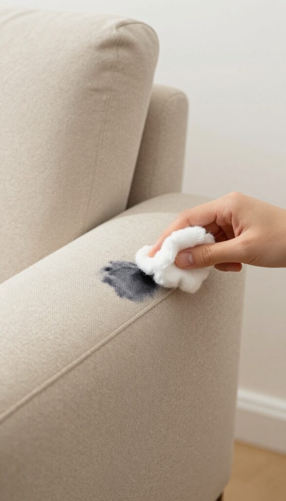 Blotting ink stain on upholstery with rubbing alcohol and cotton ball