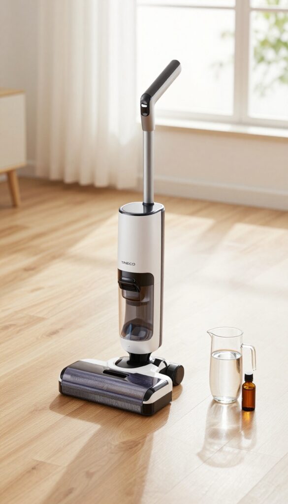 Tineco floor cleaner with distilled water and lavender oil on hardwood floor