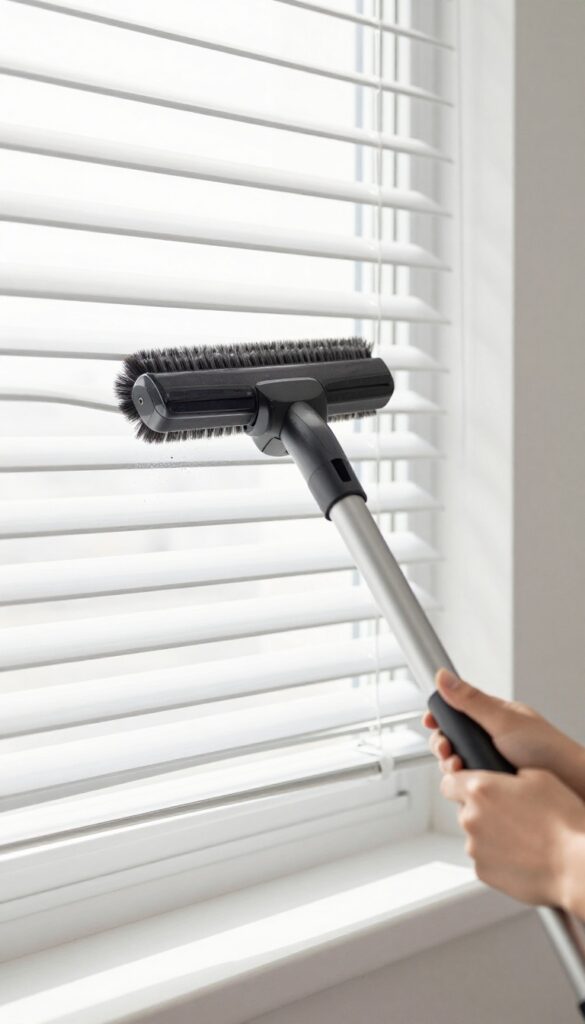 Person vacuuming window blinds with brush attachment in bright natural light