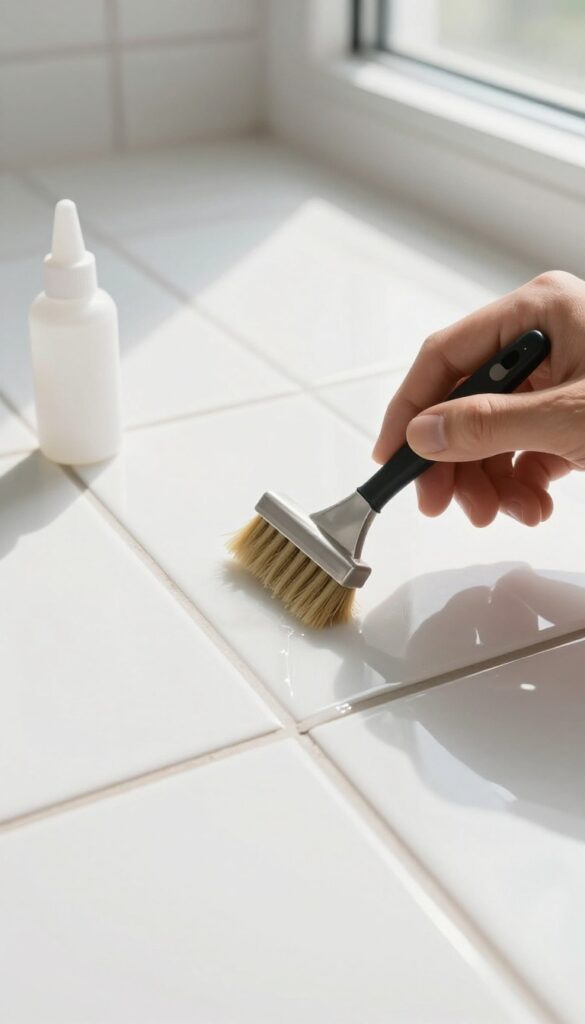 Applying grout sealer to clean bathroom floor tiles