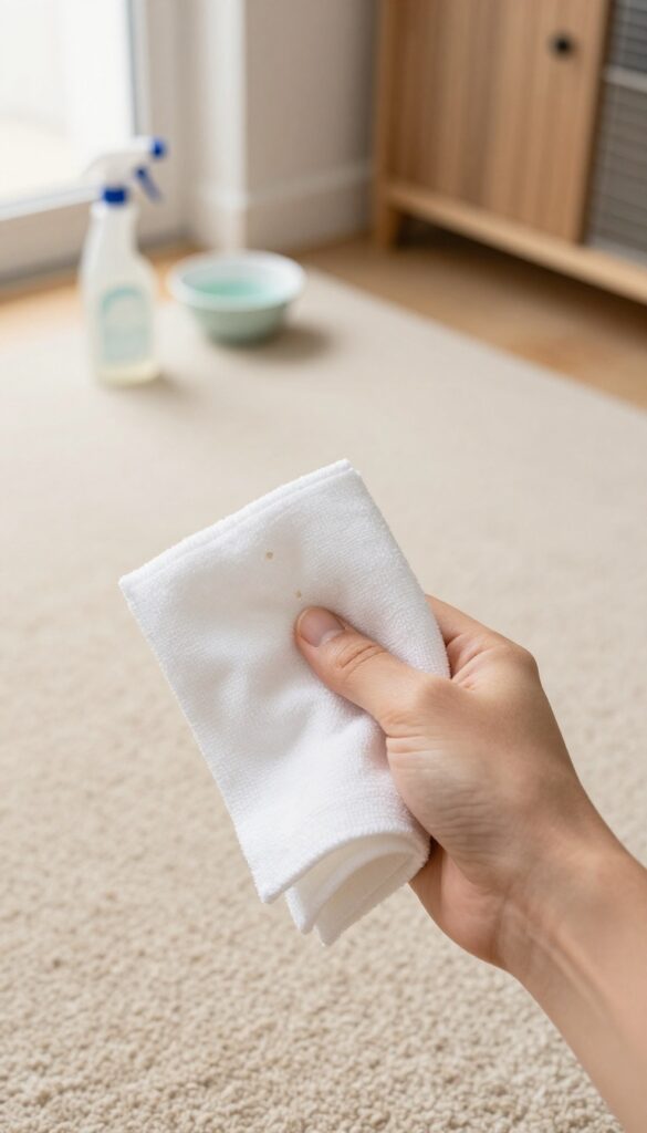 Hand testing cleaning solution on a hidden carpet area with white cloth and spray bottle nearby